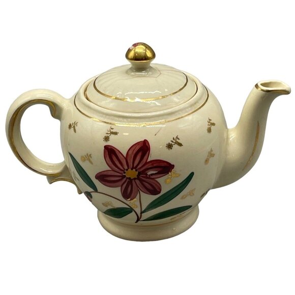 Unknown Other - Tea pot & lid floral gold trim glass USA green red gold length 7" width 10" READ